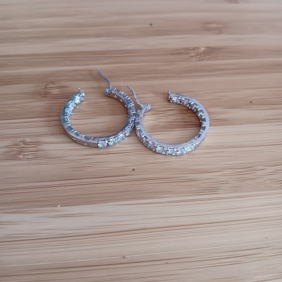 925 FAS Silver Rhinestone Inside Outside Hoop Earrings - Picture 4 of 8